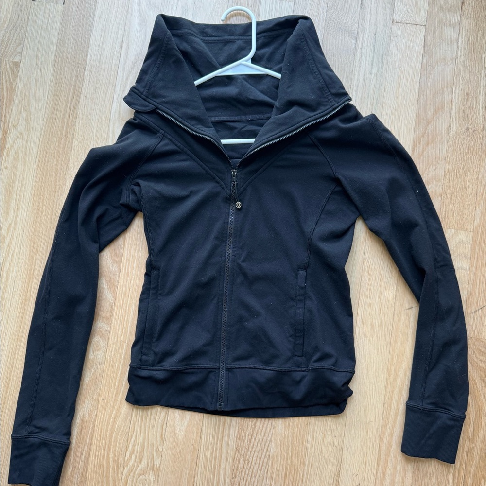 Black zip up. Stretch fabric with cowel neck and thumb holes